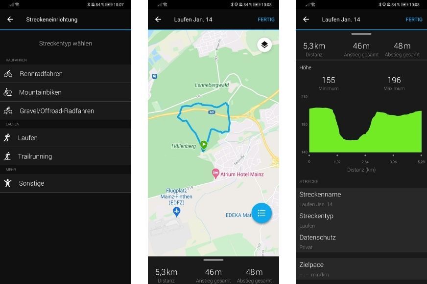 Man sieht, wie in der Connect App Strecken erstellt werden können.